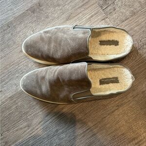 VINCE.  Shearling Lined Platform Mules Olive Green Suede Women's Size 8.5